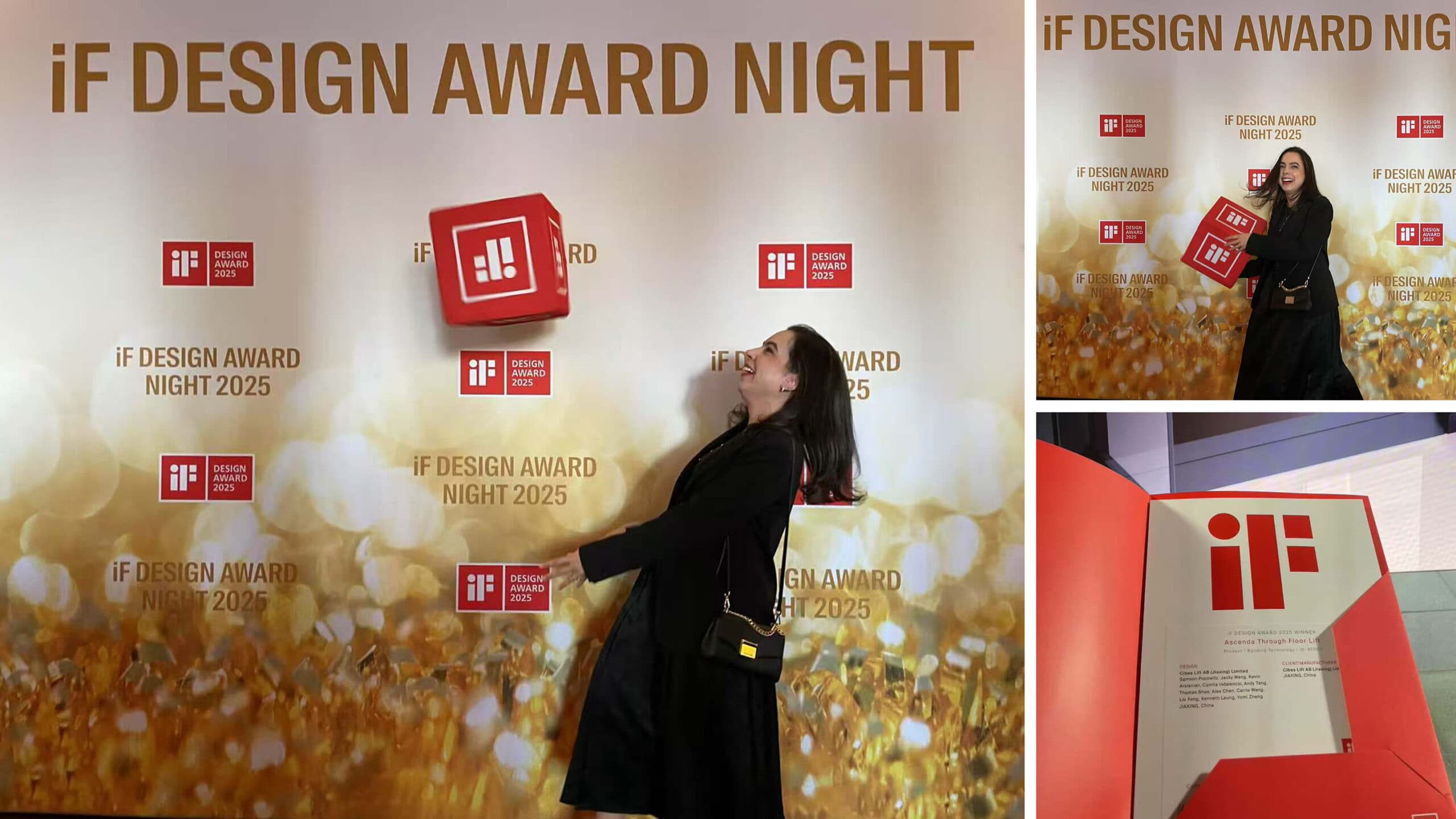 Girl in a black dress in the photo booth of the 2025 iF Design Awards respresenting Cibes Lift Group to collect the iF Design Award for the Ascenda thorugh-the-floor lift.